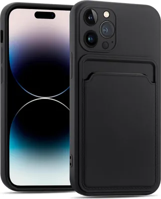 A black iPhone case with a card slot is shown next to an iPhone.