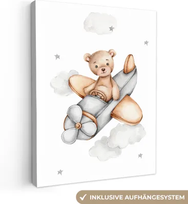 Produktbild von MuchoWow® - Leinwandbilder - Bär - Flugzeug - Sterne - Kinder, Wandbild, Wanddeko Bilder Wohnzimmer, 90x120 cm