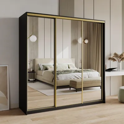 Produktbild von Masseno Schiebetürenschrank RIEN 180/205/60 cm Kleiderschrank mit 4 Schubladen Schlafzimmer Schrank 3-türig mit Spiegel Schwarz