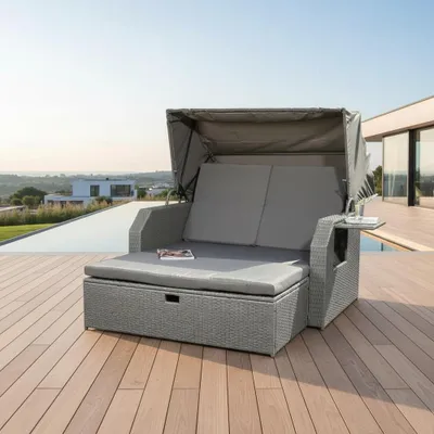 Produktbild von Strandkorb Grau Sonnendach Sonnenliege Sonnenbett Polyrattan Lounge Gartenmöbel