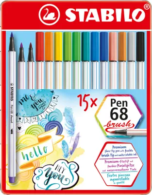 Obrázok produktu pre Prémiové plstené pero so štetcovým hrotom na premenlivú šírku čiary - STABILO Pen 68 brush - 15 kovových puzdier - s 15 rôznymi farbami