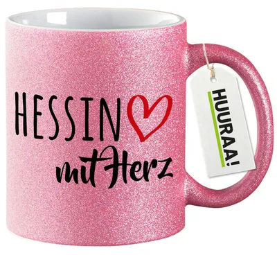 Produktbild von Huuraa Glitzertasse Hessin mit Herz 330ml Pink Keramik Kaffeebecher Geschenkidee