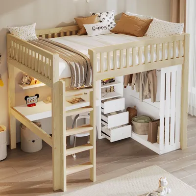 Produktbild von okwish Hochbett 140x200 Holzbett mit Schreibtisch und Geländer,Kinderbett Jugendbett mit Kleiderschrank und 3 geräumige Schubladen,Natur(Ohne Matratze)