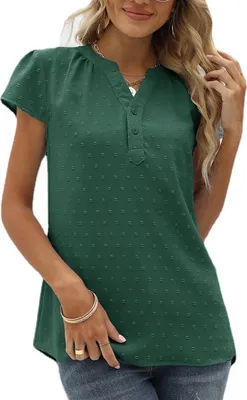 Produktbild von ASKSA Damen Swiss Dot Bluse Kurzarm Sommer Elegant T-Shirt V-Ausschnitt Tunika Einfarbig Chiffon Hemd, Grün, XXL
