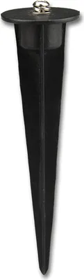 A black garden spike with a silver screw on top, isolated on a white background.