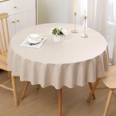 Obrázok produktu pre Obrus s vzhľadom na ľan, umývateľný, vodeodolný, okrúhly, priemer 140 cm, béžová farba