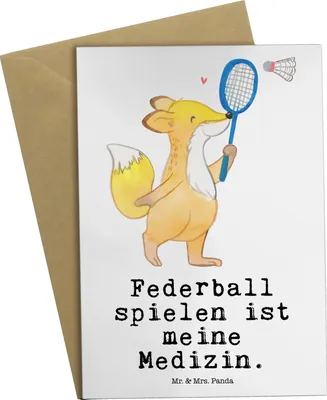 Produktbild von Mr. & Mrs. Panda Grußkarte Fuchs Federball spielen - Weiß - Geschenk, Grußkarten, weihnachtskarten, valentinstagskarte, Badminton, babykarte, einladungskarten