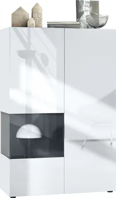Produktbild von Vladon Vitrine Morena V2, Germany, Standvitrine mit 2 Türen und Glaseinsatz, Korpus Weiß matt, Fronten Weiß Hochglanz, Cube Schwarz matt (91,5 x 136,5 x 37 cm)