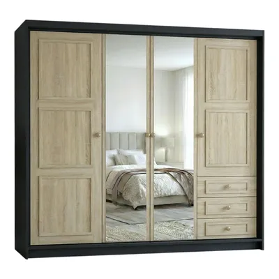 Produktbild von Geräumiger viertüriger Kleiderschrank OSLO mit Schubladen und Metallgriffen – modernes Design Farbe: Schwarz | Sonoma