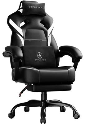 Obrázok produktu pre Herná stolička – ergonomická kancelárska stolička – s podnožkou – nosnosť 200 kg – výškovo nastaviteľná s opierkami rúk – s bedrovou a hlavovou opierkou – otočná – biela a čierna