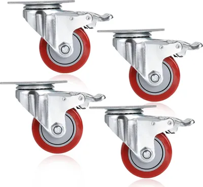 Image de 4 roulettes de transport en caoutchouc de 75 mm avec frein, capacité de charge 400 kg, roulettes pivotantes, rouge