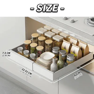 Image de Organisateur de placard de cuisine extensible - Rail de tiroir réglable de 32 à 52 cm - Montage adhésif - Monobloc - Acier - Blanc