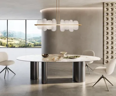 Produktbild von DELIFE Esstisch Edge Oval 280x130 Keramik Minas Melange Weiß-Beige Troa Edelstahl Graphit