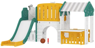 Produktbild von Klettergerüst Spielhaus Tafel Basketballkorb, Kinderrutsche 7-in-1 Indoor-Spielplatz, Kunststoff Gelb-Grün  |  1–4 Jahre  |  189 x 180 x 111 cm
