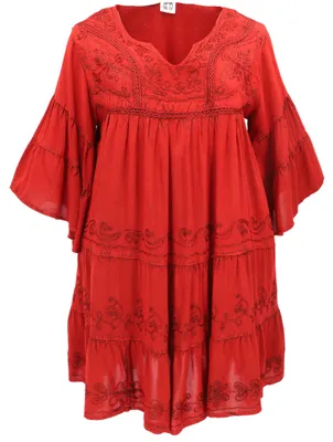 Produktbild von Bestickte Indische Boho Bluse mit Weiten Ärmeln, Sommertunika - Rot, Damen, Viskose, Blusen & Tunikas