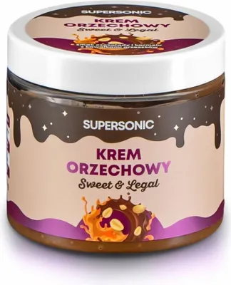 KREM ORZECHOWY O SMAKU CZEKOLADY I KARMELU Z KAWAŁKAMI ORZESZKÓW ZIEMNYCH BEZ DODATKU CUKRÓW 160 g - SUPERSONIC