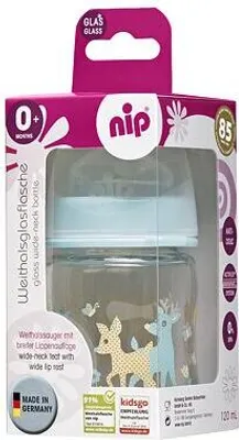 Produktbild von Nip Glasflasche Schaf türkis jungen breit geschurkter Zitze aus Silikon 120 ml