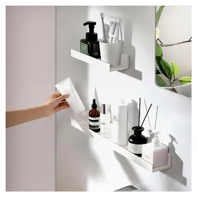 Produktbild von 2 Stück weiße Wandregale, selbstklebende Badezimmerregale zur Wandmontage, bohrfreie Lagerregale für Küche, Badezimmer, Wohnzimmer, Schlafzimmer, Büro