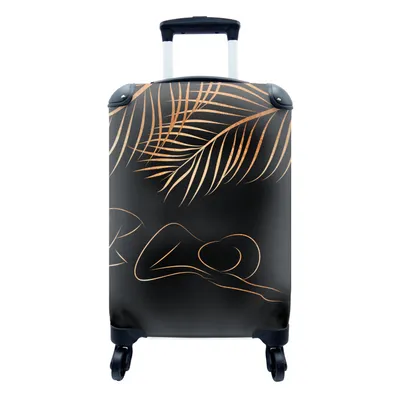 Produktbild von MuchoWow® Koffer Handgepäck Trolley Rollkoffer Kleine Reisekoffer mit 4 Rollen - Frau - Blätter - Strichzeichnung - Gold - Cabin Size < 55x40x23 cm & 55x40x20 cm - Fotokoffer - Kabinenkoffer - Boardgepäck - Reise-Box - Reisekoffer - Reisegepäck - Koffer mit Bild - Trolley für Kinder
