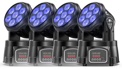 Zdjęcie produktu dla Reflektory sceniczne z ruchomą głowicą - zestaw 4 sztuk - 105 W - 7 x 15 W diody LED RGBW - DMX512 - Wtyczka EU - Do użytku przez DJ-ów i na scenie