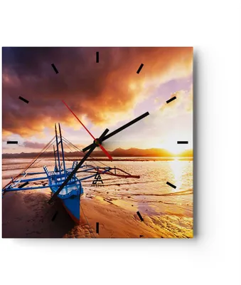 Produktbild von Wanduhr - Quadrat - Glasuhr - Ufer Boot Strand - 30x30cm - Schleichendes Uhrwerk - Lautlos - zum Aufhängen bereit - Dekoration Modern - Wanddekoration aus Glas - C3AC30x30-3905