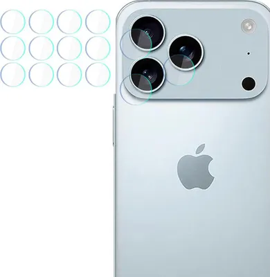 A close-up of the rear camera array of a smartphone, with a set of lens protectors arranged to the left.