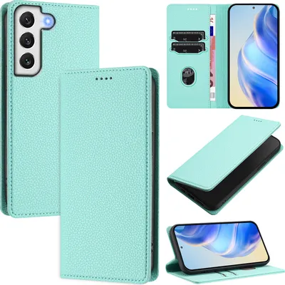 Produktbild von Litchi Leder Handyhülle für Samsung Galaxy S22 5G Wallet Kartenfächer Standfunktion Hülle Türkis