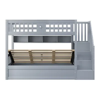 Produktbild von Flieks Etagenbett 90x200cm mit Regal, Hydraulisches Kinderbett mit Stauraum, Hochbett Stockbett mit Rausfallschutz und Lattenrost, Grau