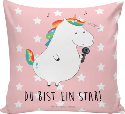 Produktbild von Mr. & Mrs. Panda Kissen 40x40 Einhorn Sänger - Rot Pastell - Geschenk, Geburtstag, Fest, Disco, Unicorn, kuschelkissen, Sofakissen, Sofa, Deko, Einhörner