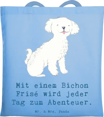 Produktbild von Mr. & Mrs. Panda Tote Bag Bichon Frisé Abenteuer - Sky Blue - Geschenk, verspielte Hunde, Familienhunde, Tragetasche, Lebensfreude, Schultasche, Shopping Tasche, Hund