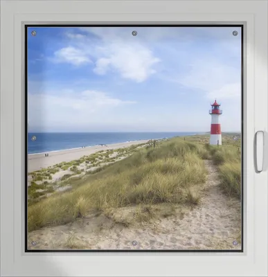 Produktbild von Wallario Lichtschutzbild, Dekorativer Sichtschutz Sonnenschutz 96 x 100 cm mit Motiv: Am Strand von Sylt  Leuchtturm auf der Düne  Panorama - Verdunklung ohne Bohren