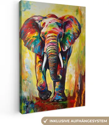 Produktbild von MuchoWow® - Leinwandbilder - Elefant - Kunst - Malerei - Tiere - Regenbogen, Wandbild, Wanddeko Bilder Wohnzimmer, 40x60 cm