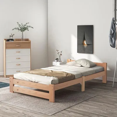 Image de Lit en bois 90x200 cm pin naturel, lit simple hauteur confort (49 cm), cadre de lit y compris les lattes