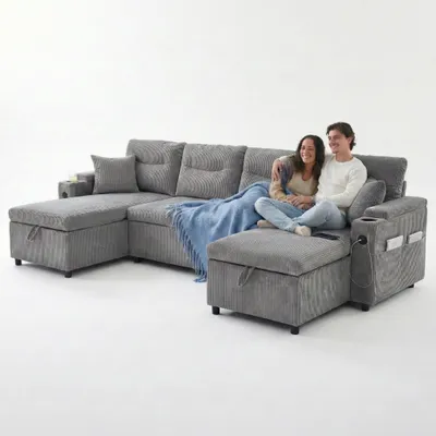 Produktbild von LVHOM U-Form Schlafsofa mit Bettkasten, USB-C - Ecksofa mit Schlaffunktion, Cord Wohnzimmersofa 4-Sitzer, Couchgarnitur mit Stauraum, Grau
