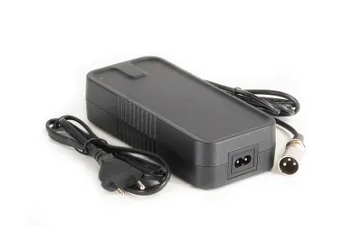 A black power adapter with two cables, one with a European plug and the other with a circular connector, is shown on a white background.