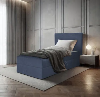 Produktbild von Bett, Boxspringbett, Continentalbett BERG POSO MINI mit Bonell Matratze, Einzelbett mit Container, H3 (100x200 cm, Dunkelblau - Poso 05, Ohne Topper)