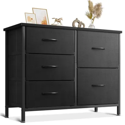 Obrázek produktu pro Komoda s 5 zásuvkami potaženými látkou, rozměry 76 x 29 x 60 cm, barva černá