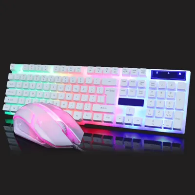 A white gaming keyboard and mouse with LED backlighting on a black background.