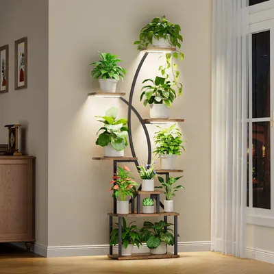 Productafbeelding van Bloemenstandaard/plantenstandaard met plantenlampen - 8-laags plantenrek van hout en metaal, 165 cm hoog plantenrek, geschikt voor woonkamer, balkon of slaapkamer.