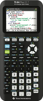 A Texas Instruments TI-84 Plus CE-T calculator displaying Python code.
