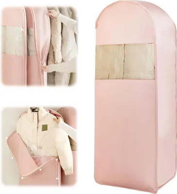 Produktbild von Kleidersack zum Aufhängen mit selbstkomprimierendem Reißverschluss, Platzsparende Schutzhülle für Daunenmantel, Lang Anzugtasche Anzugsack Kleiderhülle für Anzug Mäntel (Rosa)