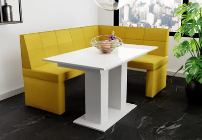 Productafbeelding van Eckbankset 196x142 cm BLAKE XL L, stof Soro, geel / Eettafel DANTE, wit, hoogglans