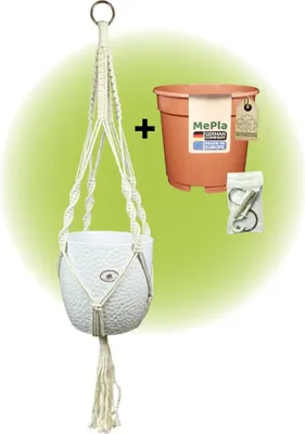 Produktbild von MePla - Set - Ampel Makramee Naturbeige - Boston ø19 Weiss + Kulturtopf ø18 + Beipack-Set 21550-001