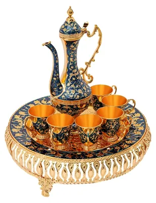 Produktbild von Vintage Türkisches Kaffeekannen-Set mit Tablett und 6 Teegläsern in Dunkelblau