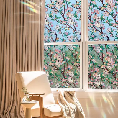 Imagen del producto de Película para ventanas con protección de privacidad del 98% - Diseño de vitral - Motivos florales - Decorativa - Adhesiva (sin necesidad de pegamento) - 40 x 101,6 cm - Vinilos para ventanas