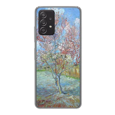 A smartphone case with a painting of a pink peach tree by Vincent van Gogh.