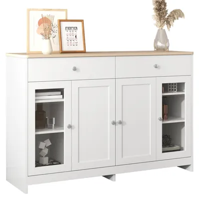 Produktbild von Sideboard mit weißer Holzmaserung, vier Türen, zwei Schubladen, Tür mit Glas, Wohnzimmer, Esszimmer, Holzfarbe und Weiß