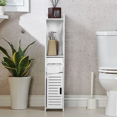Productafbeelding van Badkamerkast van hout, wit, moderne opbergkast met 2 planken en 1 lade - 80 x 15,5 x 15 cm
