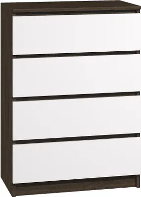 A white and wenge chest of drawers with four drawers, presented against a white background.