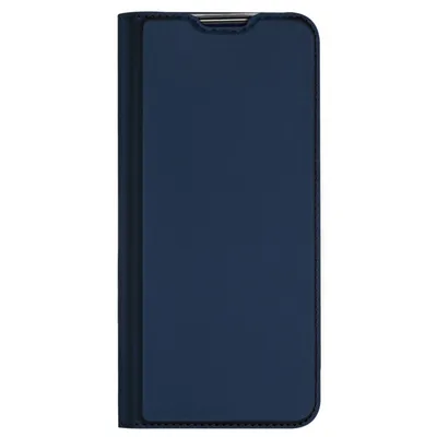 A blue flip cover case for a Samsung Galaxy S20 Fe 5G phone, shown closed and standing upright against a white background.